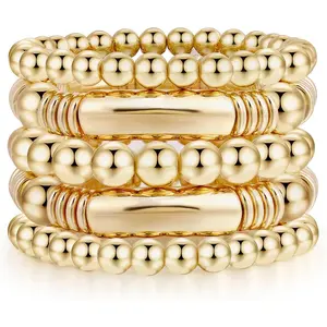 14K Gold Plated Bangles Bracelet for Women Chunky Curved Stacking Plated Bead Ball Stretchable Bracelets