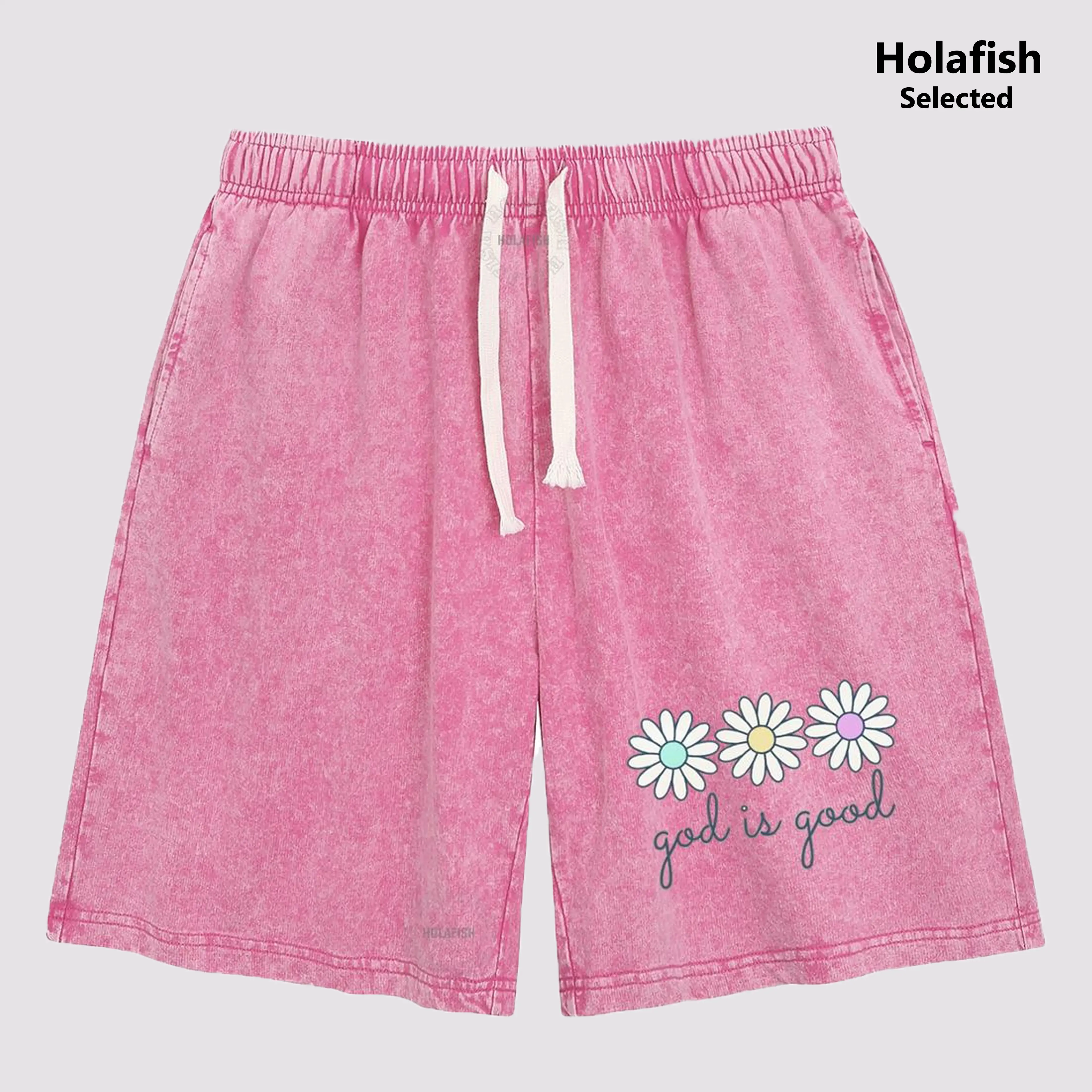 Holafish Women's Vintage Acid Washed Shorts – Floral Graphic Loose Relaxed Fit, Unisex Casual Streetwear Bottoms, Everyday Summer Essential