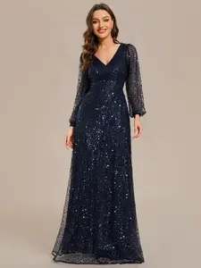 Ever-Pretty Shimmering All Over V-Neck Long Lantern Sleeve Sequin A-Line Evening Dress Elegant Formal 01999