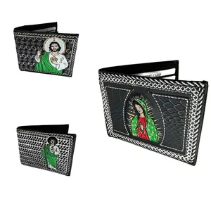 Bifold Wallet – Virgen de Guadalupe & San Judas Design, Black Pattern- Cartera de Piel Estilo Vaquero con Logo Bordado y Compartimentos para Tarjetas – San Judas