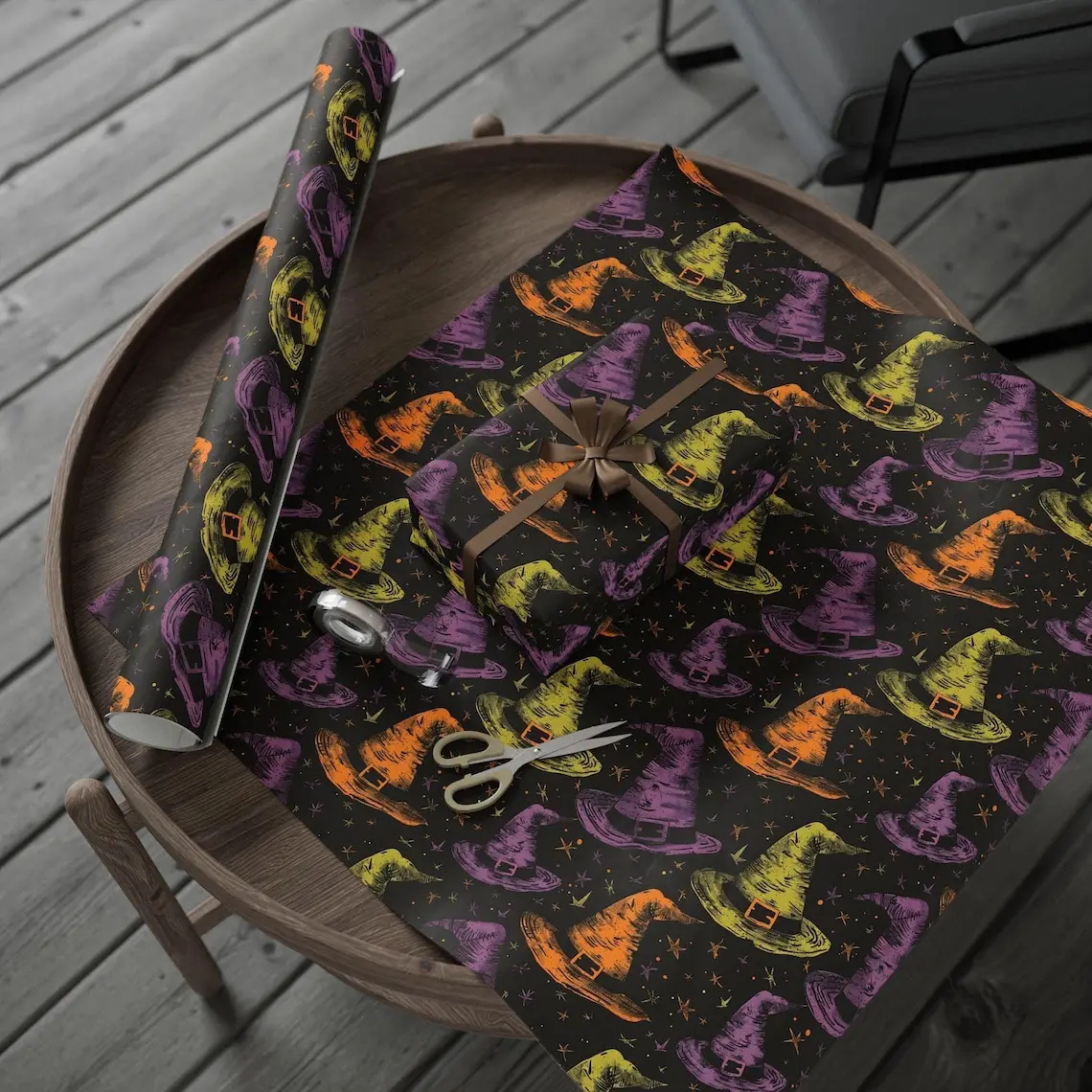 Witch Hat Gift Wrap, Witchy Wrapping Paper for Halloween, Black Orange Green Purple Spooky Hat Giftwrap