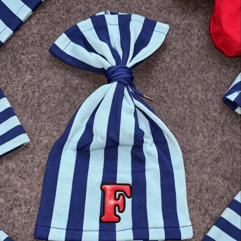 Unisex Striped Warm Hat with Knot Top and Letter F Embroidery, Y2K Street Fashion Accessory, Headwear for Men and Women, Beanie Hats, Casual Headwear
