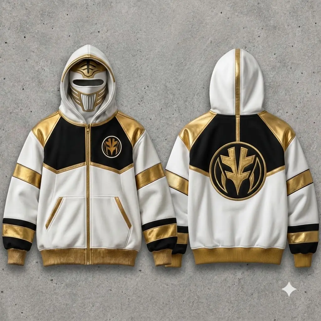PowerrRangers Hooded Zip Balaclava Hoodie – Vintage Prehistoric Power Emblem Zip Up Jacket with Built-in Mask, Retro Cosplay Streetwear Outerwear