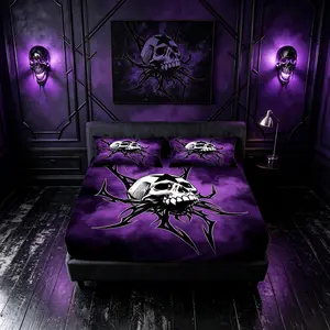 3‑Piece Purple Smoke Star Skull Gothic Fitted Sheet Set, Single‑Sided Digital Print Dark Punk Bedding, No Insert Included, Suitable for Bedroom & Halloween Decor for Gothic & Punk Enthusiasts