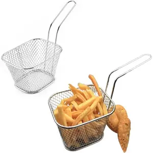 2/4/8/12 Pieces French Fry Basket, Mini Square French Fry Chip Holder Food Snack Baskets for Serving, Stainless Steel Fry Basket with Handle Kitchen Restaurant (2PCS, Silver)