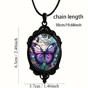 Purple butterfly pattern pendant necklace, black base, classic and elegant