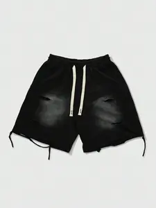 One Pair Men's Distressed Ripped Black Casual Shorts, Streetwear Rip and Repair Style with Drawstring Waist, for Trendy Young Men and Daily Street Fashion