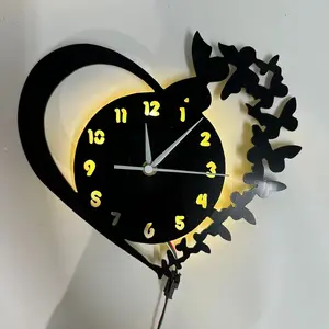 Colorful Retro Art Vinyl Record Wall Clock Decor, Heart Butterfly Design, LED Seven Colors, Silent, Vintage, Ideal Gift for Bedroom Living Room Office