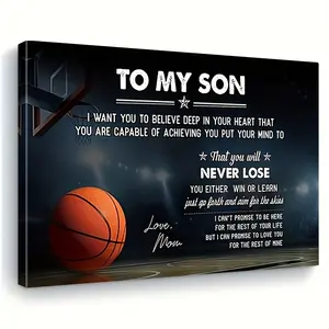 Framed, Inspirational Basketball Canvas Wall Art for Son with Motivational Quotes from Mom, Wooden Frame, Perfect for Home or Office Decor, Featuring a Sports-Themed Design with Basketball Hoop and Ball, A Durable Wall Art Gift for a Sports Room