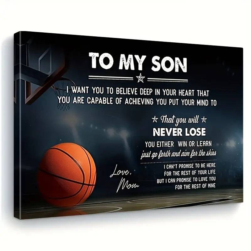 Framed, Decorative Wall Art, Basketball Canvas Wall Art for Son with Motivational Quotes from Mom, Wooden Frame, For Home or Office Decor, Sports-Themed Design with Basketball Hoop and Ball, Durable Wall Art Gift for a Sports Room