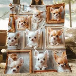 1pc Chihuahua Art Print Fleece Blanket - All Seasons Soft Polyester Throw for Sofa, Bed, Travel - Machine Washable, Digital Printed Cozy Flannel Blanket for Home, Office, Couch - Perfect Gift for Pet Lovers