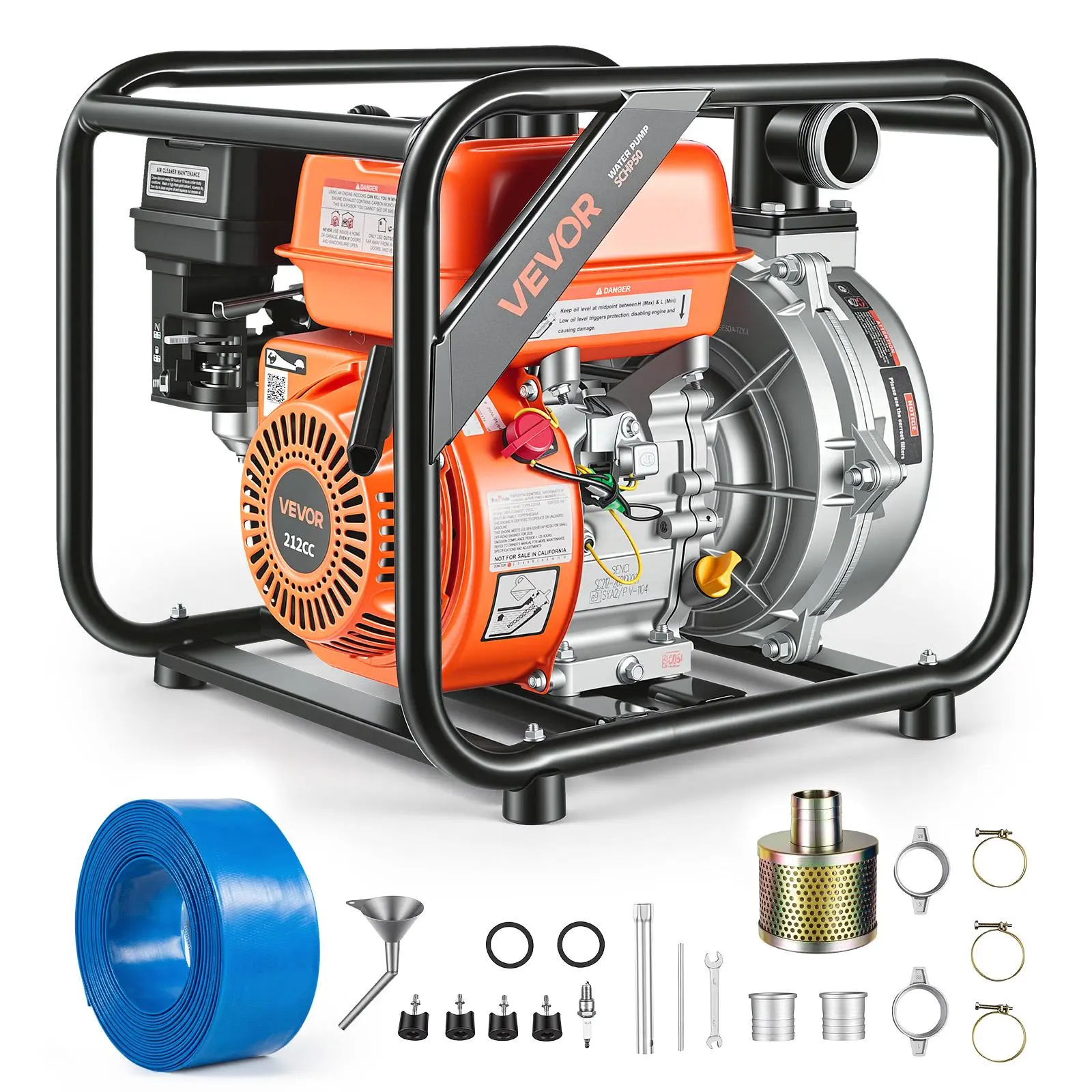 【Summerfinds】VEVOR Gas Powered Water Pump2 in128 GPM 6HP Semi Trash Water Transfer Pump PortableGasoline Engine with 25 ft Discharge HoseHeavy Duty FrameCast Iron Impellerfor IrrigationPondsPools