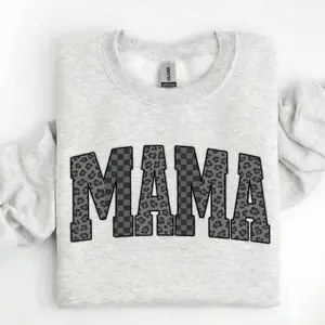 Mama Sweatshirt | Black Mama Typography With Leopard Pattern Graphic | Trendy Bold Mama Graphic Style Perfect Mother Day Gift | Unisex Long Sleeve Pullover Shirt For Women, Unisex Long Sleeve Crewneck Shirt