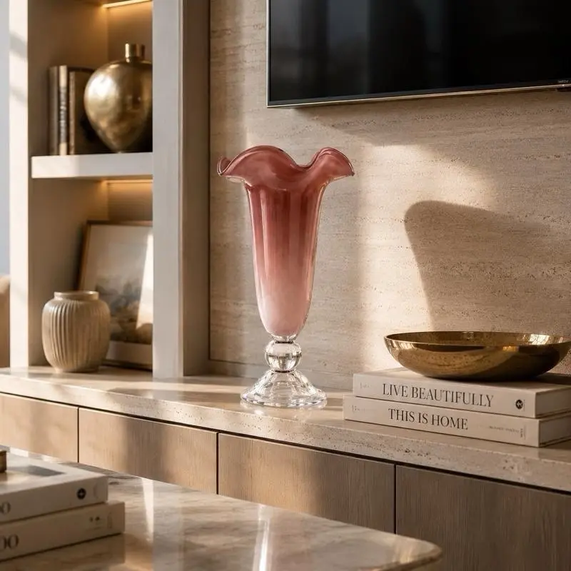 Pink Glass Flower Arrangement Vase, Home Decor Accessory for Aesthetic Living Room Use