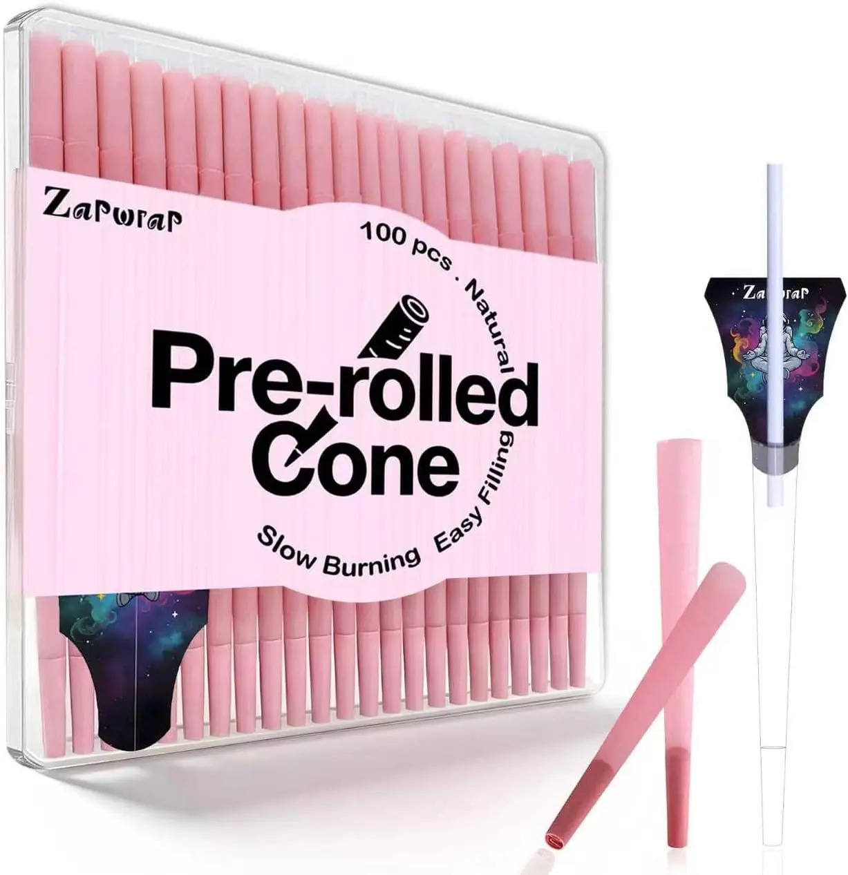 100 PACK Pink Cones Rolling Paper | King Size | 108mm | Pre Rolled Cones with Paper Loader and Packing Sticks