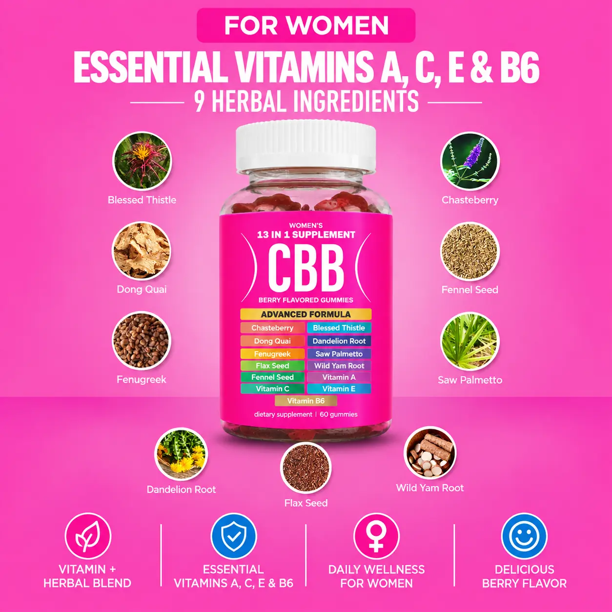 CBB Women’s Daily Chewable Vitamin Gummies - Gluten-Free, Vegan-Friendly, 60 Pieces - Essential Vitamins A,C,E & B6, 9 Herbal Ingredients, Berry Flavor - Supports Womens Health Matters