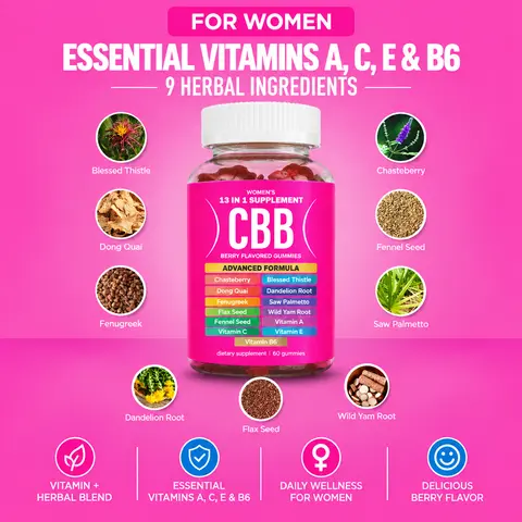 CBB Women’s Daily Chewable Dietary Healthcare Vitamin Gummies - Gluten-Free, Vegan-Friendly, 60 Pieces, 18 Months Shelf Life, All Ages Suitable, Berry Flavor - Essential Vitamins A-C-E-B6 Support, 9 Herbal Ingredients - Supports Women’s Health