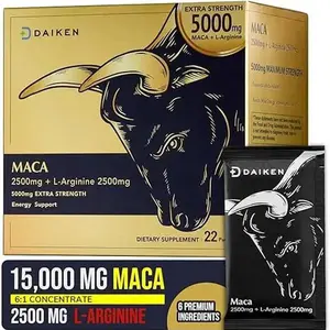 DAIKEN Peruvian Maca Root Powder Extra Strength 5,000 mg, Gelatinized Black, Red, Yellow Maca Blend with L-Arginine (2,500 mg) for Men and Women, Superior Absorption, Vegan, Lab Tested - 22 Packets