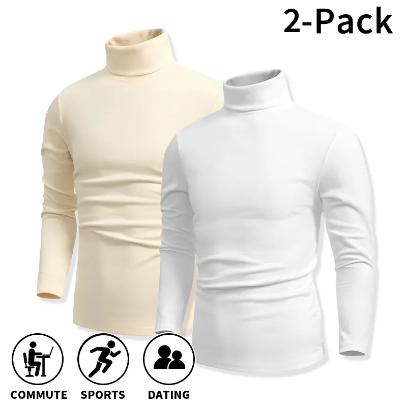 Men’s 2-piece/1-piece autumn and winter turtleneck long-sleeve shirts, slim fit, soft and warm inner layers, solid-color casual turtleneck base shirts suitable for commuting and everyday outfits