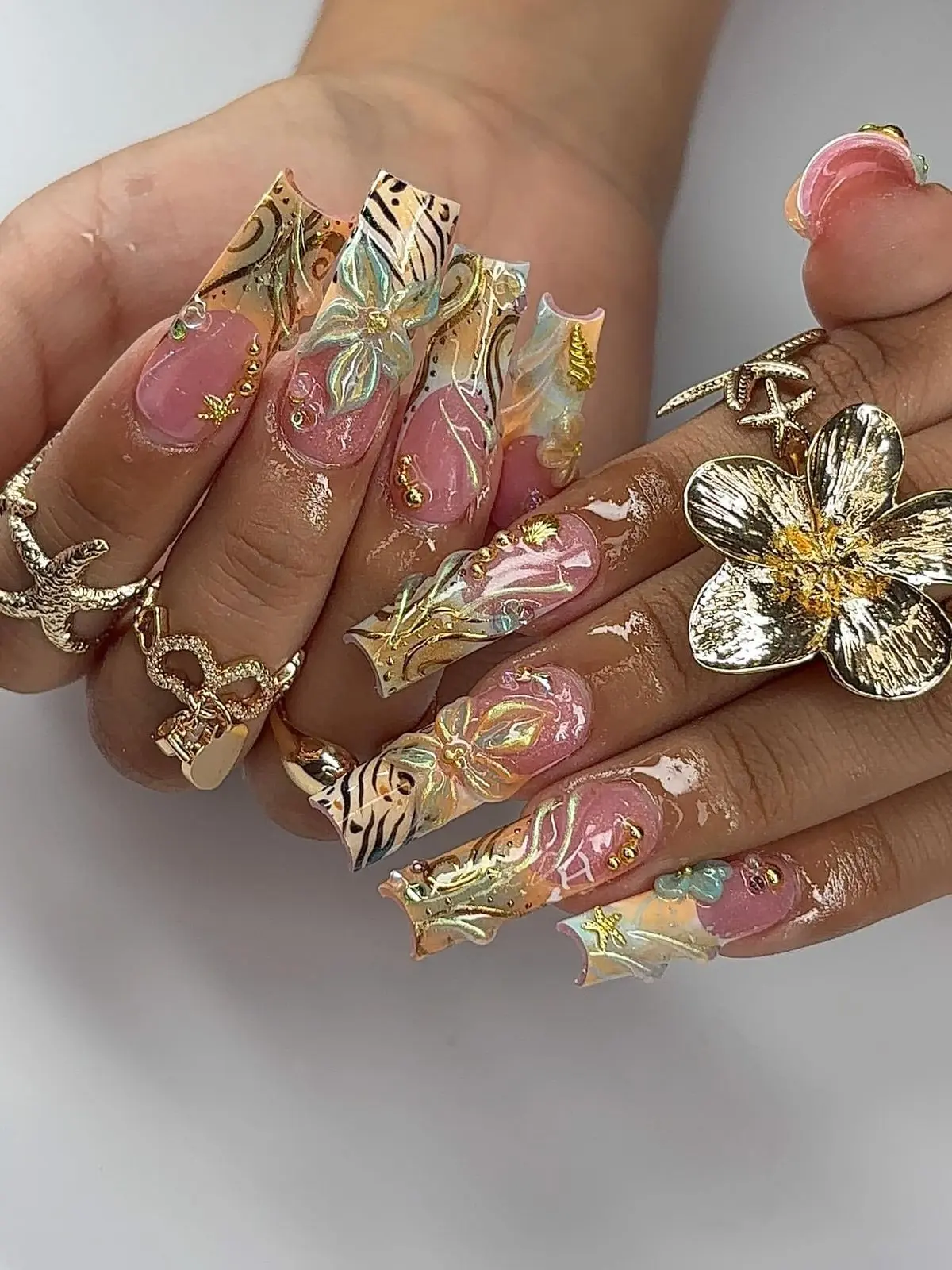 [ Summer Glam Sale - Luxury Press On Nails ] Premium Handmade Long Square Press On Nails – 3D Mint Floral Animal Print Gold Swirl Fake Nails Full Set
