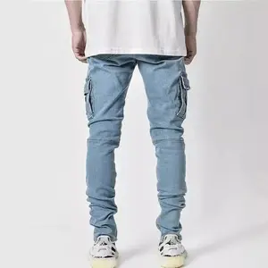 Men’s streetwear elastic denim jeans, washed solid color, multi-pocket cargo style, casual slim fit, mid-rise joggers for daily wear, matching menswear street style