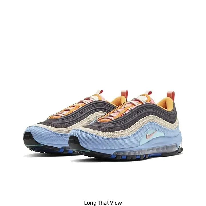 Low Top Full Air Cushion Running Sneakers Multi-Layer Gradient Fabric Upper Blue Nike Swoosh Logo Orange Fabric Shoelaces Full Transparent Air Midsole Black Anti-Slip Rubber Outsole Lace-Up Breathable Casual Sports Trainers for Men Women