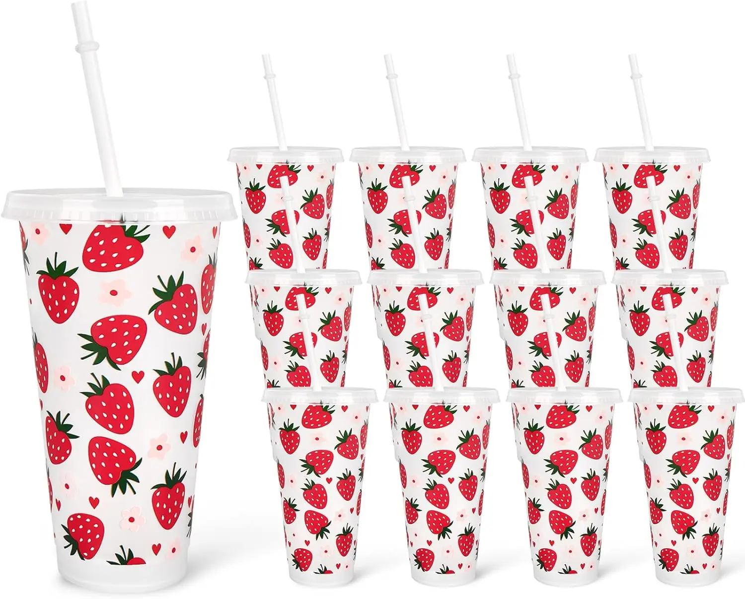 12 count Strawberry Plastic Cups with Straw Lid Strawberry Flower Heart Tumbler Red  Cold Cups for Beverage Drinks  Office Party Decoration