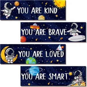 4Pcs Space Room Decor for Boys, Astronaut Bedroom Decor Motivational Wall Art, Outer Space Posters Spaceman Wooden Sign for Boy Playroom Classroom Decorations