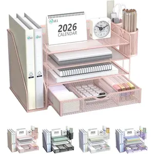 Desk File Organizer, 4 Tier Desktop Paper Letter Tray Organizer with Drawer and 2 Pen Holders, Office Desk Accessories & Workspace Organizers for Office, Home Supplies(DO005DH-P), 1 Pack, Pink