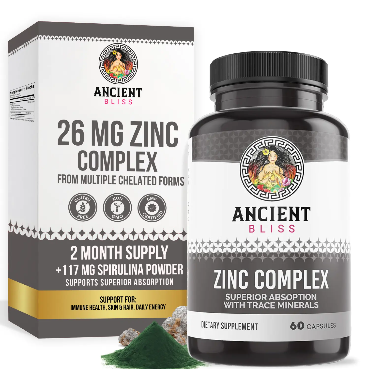 Ancient Bliss Zinc Complex Vitamin Capsules, 60-Count Gluten-Free Edible Supplement - Non-GMO Antioxidant Dietary Supplement with Trace Minerals for Superior Absorption, Immune Support & Body Health (For Men & Women)