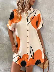 2026 Summer New French Vacation Style Colorblock Art Print Notch Lapel Loose Shirt Dress, Slimming Conceal Fat Dress, Fashionable Women's Clothing