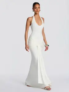 2026 Spring Summer New Ribbon Patchwork Halter Long Dress, Solid Color Fashion U-Neck Sleeveless Waist-Cinch Evening Gown, Ideal for Beach, Dates, Parties, Weddings, Performances, Coming-Of-Age Events