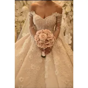 C2023-TLS265 - Off the shoulder long sleeve beaded traditional ball gown wedding dress