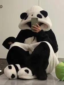 1pcs Men's Winter Cartoon Panda Pajamas Set, Long Flannel Sleepwear, Thickened Home Wear, Ideal Gift for Thanksgiving & Christmas