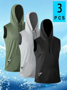 Men's Sport Hooded Loose Vest Yoga Fitness Top Running Marathon Shirt Pocket T-Shirt Mesh Sleeveless Basketball Tank Top Side Pockets