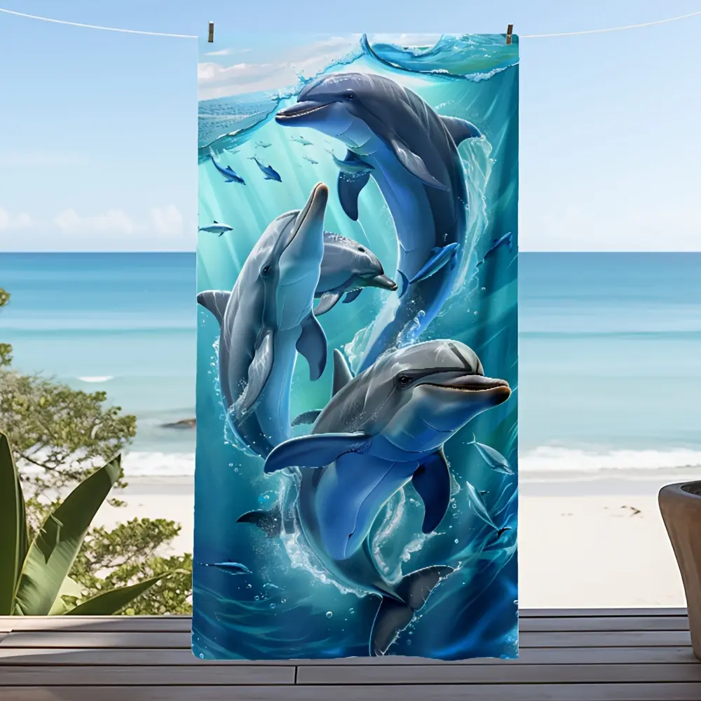 1pc, Dolphin Beach Towel, Modern Square Large Microfiber Soft Absorbent Sunscreen Lightweight Towel for Beach Shower Swimming Pool Camping Travel, Beach Accessories, Holiday Essential Gift