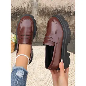 Women's Fashionable Brown Platform PU Leather Loafers, Chunky Sole, Comfortable Footwear, Anti - Slip Rubber Sole, Ideal for Daily Errands and Casual Occasions, Trendy Round - Toe Shoes