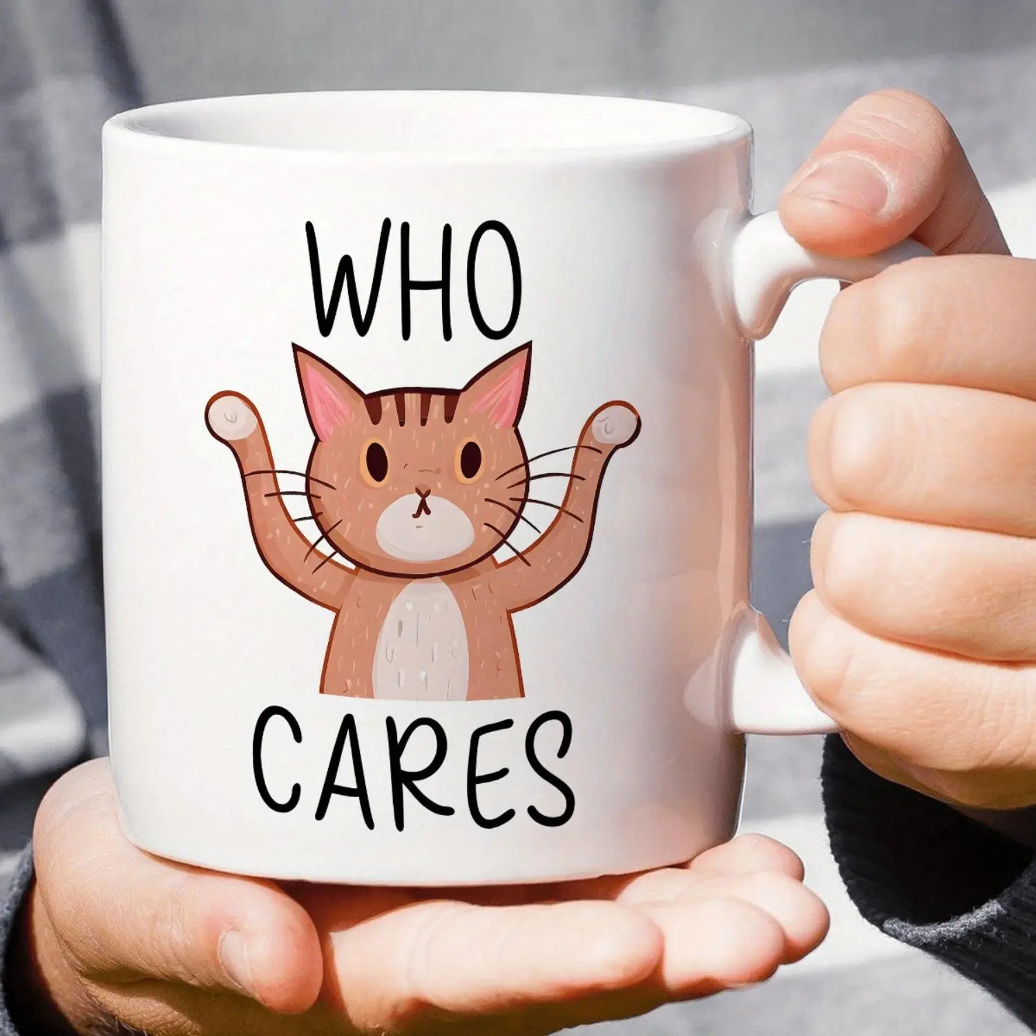 Ceramic Reusable Washable 1pc 11oz Cute Cartoon Cat "Who Cares" Cup - White with Orange & Black Design, Kitchenware Drinkware for Daily Drink Use