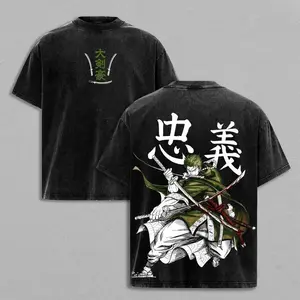 Roronoa Zoro Washed Tee Hoodies One Piece Anime Pirate Hunter Santoryu Three Sword Style Manga Graphic Double Printed T Shirt Heavy Cotton Unisex Oversize Vintage Streetwear