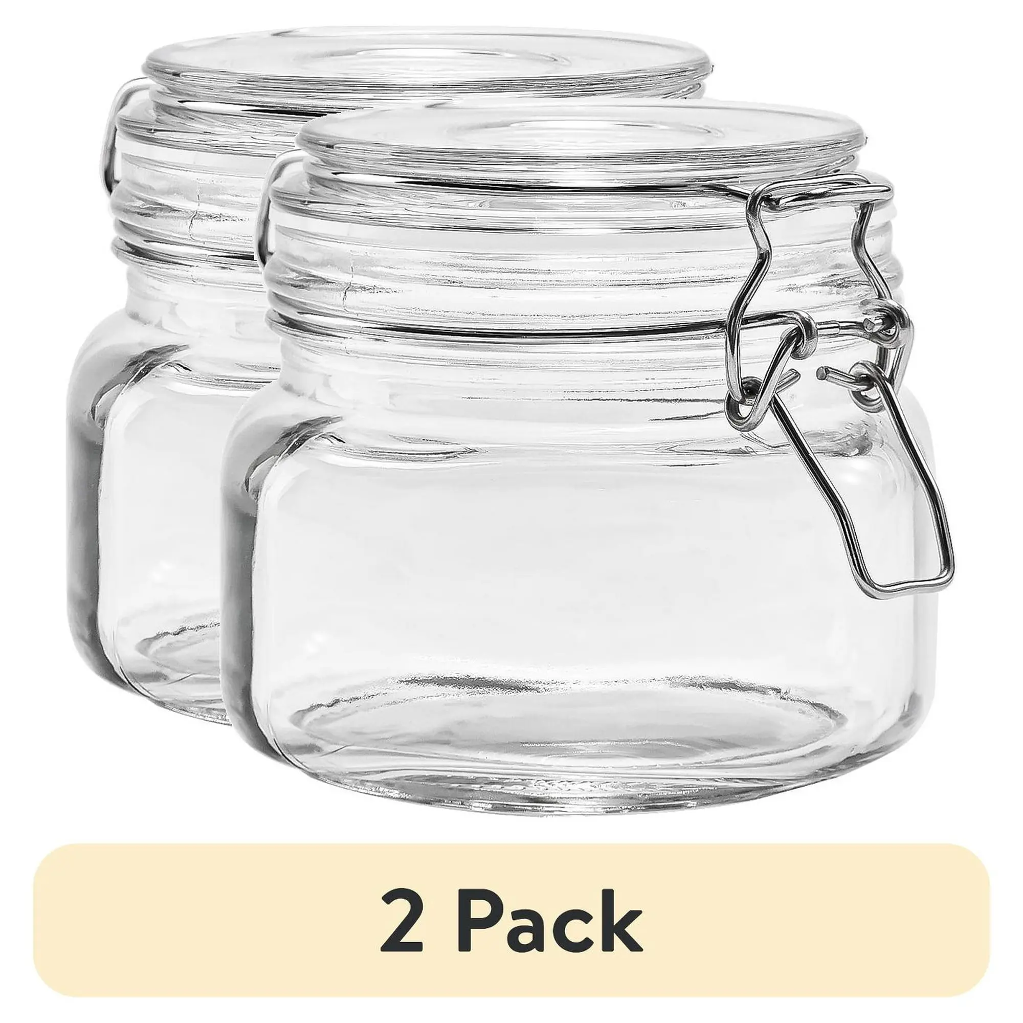 (2 Pack) Airtight Glass Food Storage Jars with Locking Lids, 17 oz Clear Square Pantry Canisters for Coffee, Sugar, Spices & Kitchen Organization