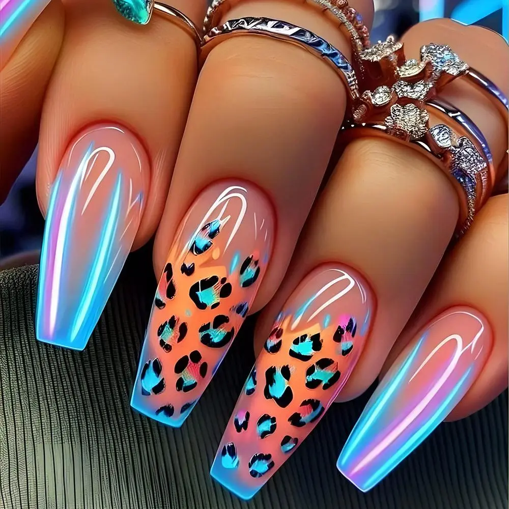 Leopard Print Fake Nails, 24pcs/box Long Ballerina False Nails for Women & Girls DIY Nail Art, Effortless Press on Nails Manicure Set, French Nail Art, Glitter Decorative Nails, Nail Designs, Nail Accessories