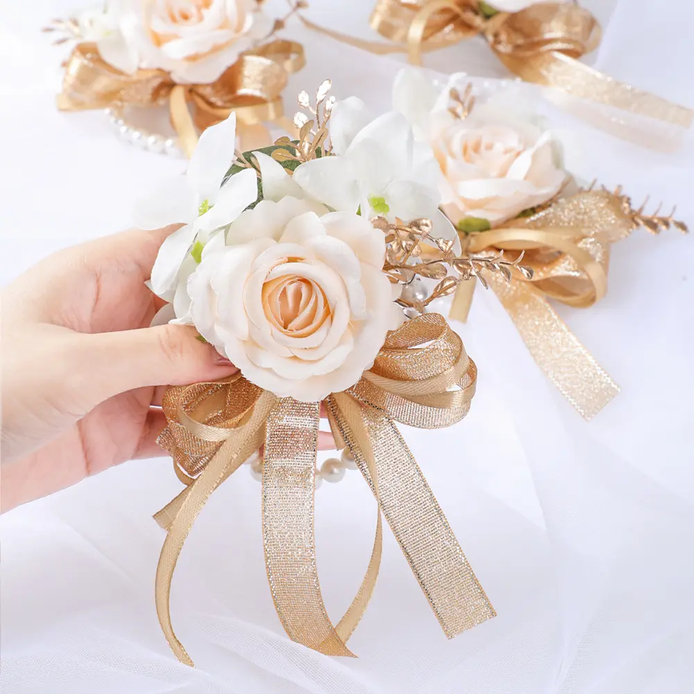 High End Realistic Wedding Accessories, Luxurious Champagne Bridesmaid Group Wrist Flowers, Wedding Decoration Roses, Wreaths, Decorative Flowers, Artificial Flower Decorations
