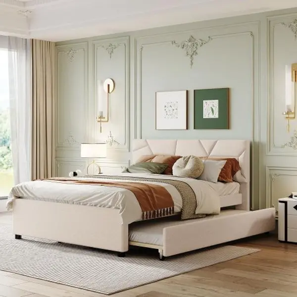 Modern Twin XL Bed Frame with Brick Print Headboard, 500 lbs Weight Support, Pull Out Trundle, Durable Slatted Base, 85.4"l × 68.9"w × 39.8"h for Extra Guest Accommodation