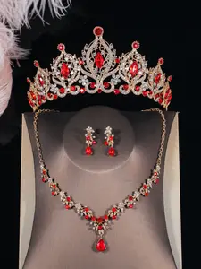 A set of female bride accessories, including a red grand crown, rhinestone necklace, earrings, and 4-piece wedding decoration set. The wedding dress and jewelry are also suitable for wedding parties, dances, and parties