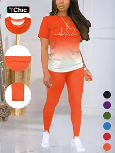 Women's Ombre Letter Print Tee & Skinny Pants Set, Casual Short Sleeve Round Neck T-Shirt & Trousers For Daily Wear, Ladies Two Piece Everyday Outfits For All Seasons