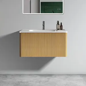U049-Etna30W-306 Etna 30" Striped Natural Oak Bathroom Vanity with White Ceramic Sink, Wall Mounted Floating Bathroom Vanity for Modern Bathroom, One-Piece White Basin without Drain, Pre-assembled   WL