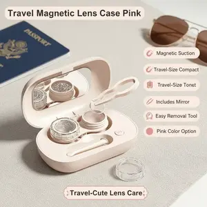 Magnetic Suction Cleaner Contact Lens Case, Travel-Sized Cute Colored Contact Lens Insertion/Removal Tool Kit with Mirror, Suitable for Daily Outdoor Use (Pink)