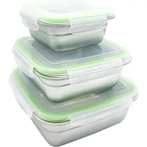 Stainless, 3-Piece Set with Lids, Reusable for Breakfast,, Dinner, Snacks Bento Box Square Box 400/750/1200ml