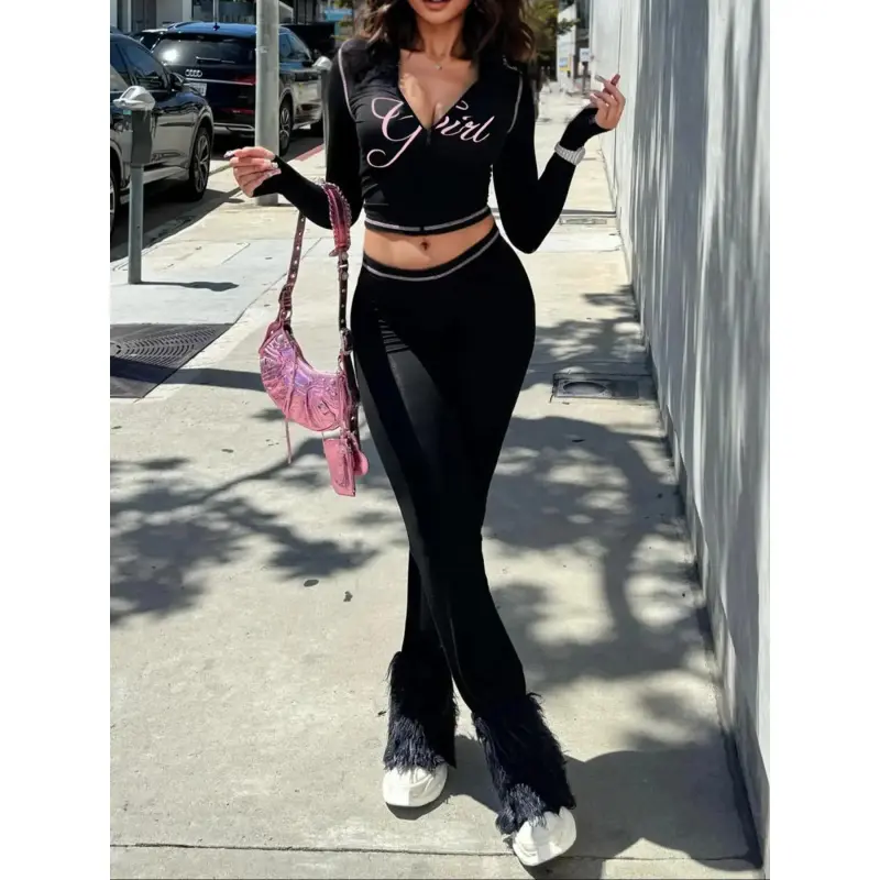 Two-piece Set Women's Colorblock Letter Print Zip Up Crop Jacket & Waist Flare Leg Pants, Casual Fashion Cozy Breathable Outfits Yoga Gym Workout, Ladies Sportswear Fall