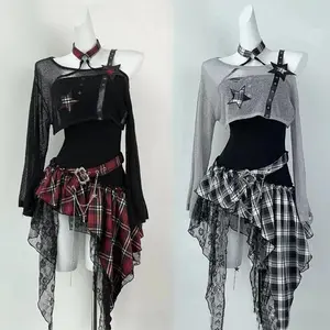 Harajuku American Vintage 2 Piece Set Women Black Crop Top Blouse + Irregular Dress Korean Fashion Retro Suits Slim Gothic